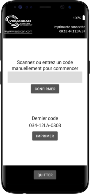 L'écran de l'application VisuaScan : imprimante connectée en Bluetooth, champ pour scanner ou saisir un code, dernier code lu et bouton Imprimer